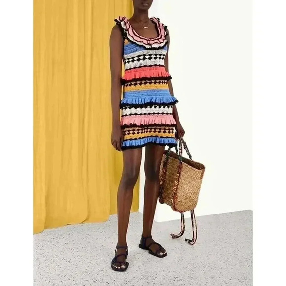 $950 Zimmermann Handmade Real Croch Tiggy Frill Tiered Pompom Dress Resort Sz 12 - Picture 7 of 16